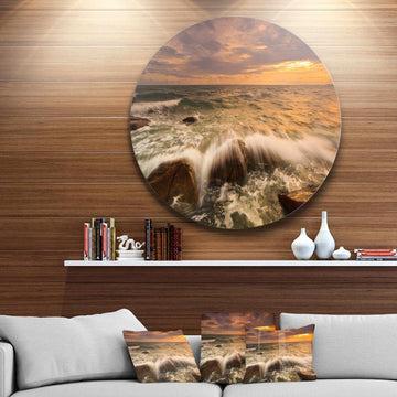 Rushing Ocean Waves into Rocks - Sea & Shore Round Metal Wall Art